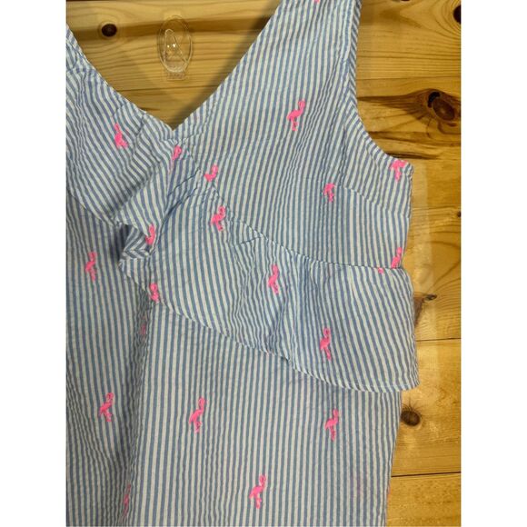 Crown & Ivy Women's Size Medium Blue Seersucker Sleeveless Top Pink Flamingo Emb - Picture 4 of 9